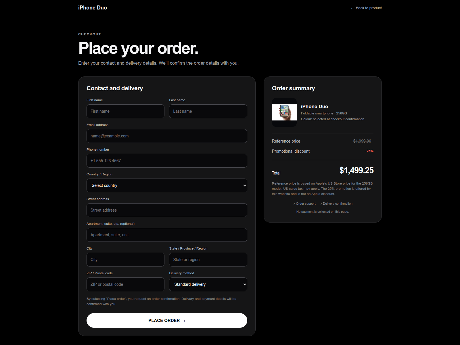 Falsa pagina di checkout di iPhone Duo che chiede dati di contatto e indirizzo di consegna